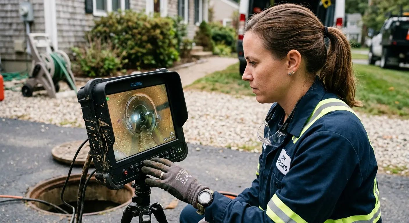 Technician reviewing sewer camera inspection footage in Muscoy