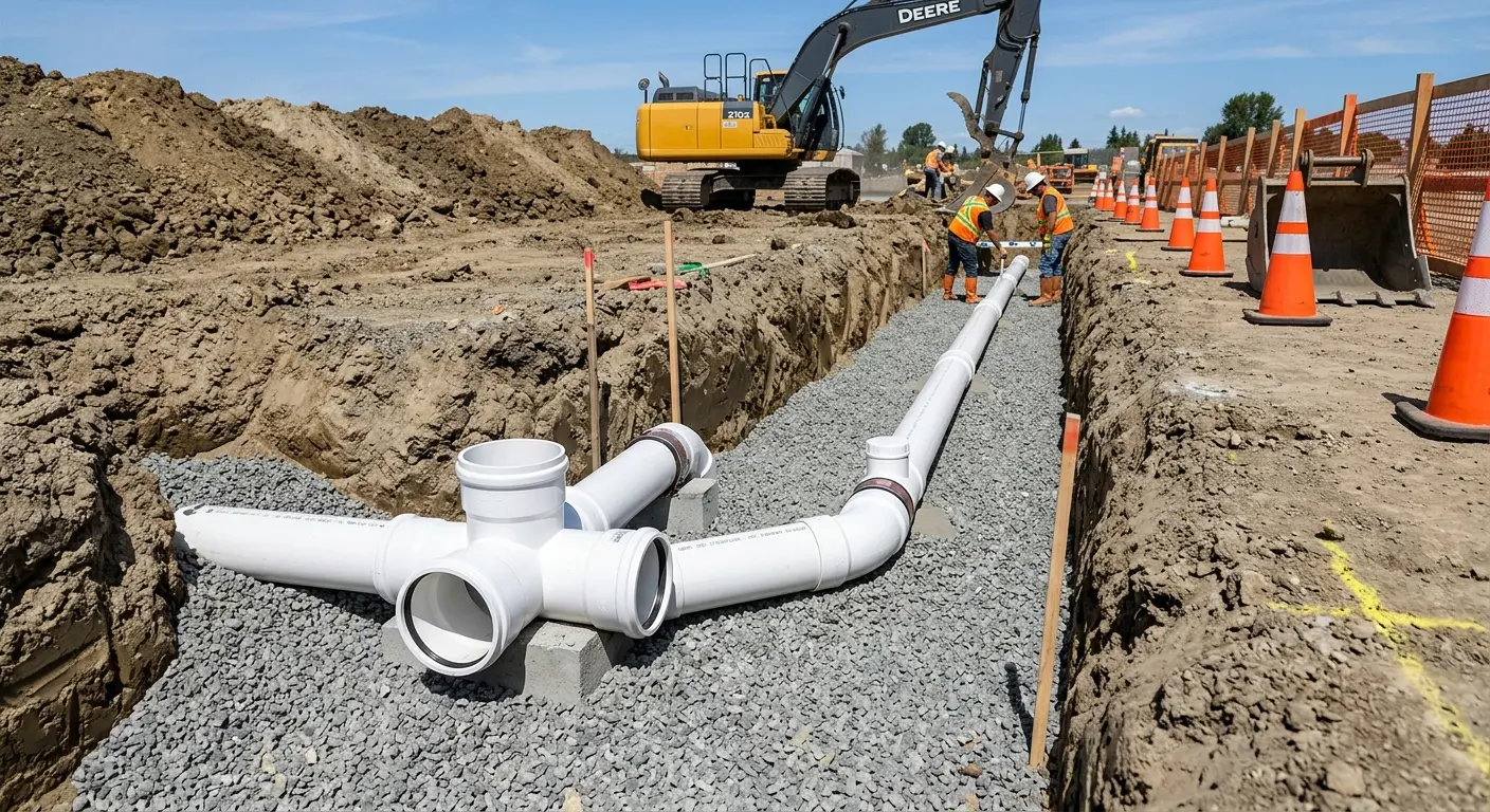 New PVC sewer pipe installation in open trench for Grease Trap Cleaning in Muscoy