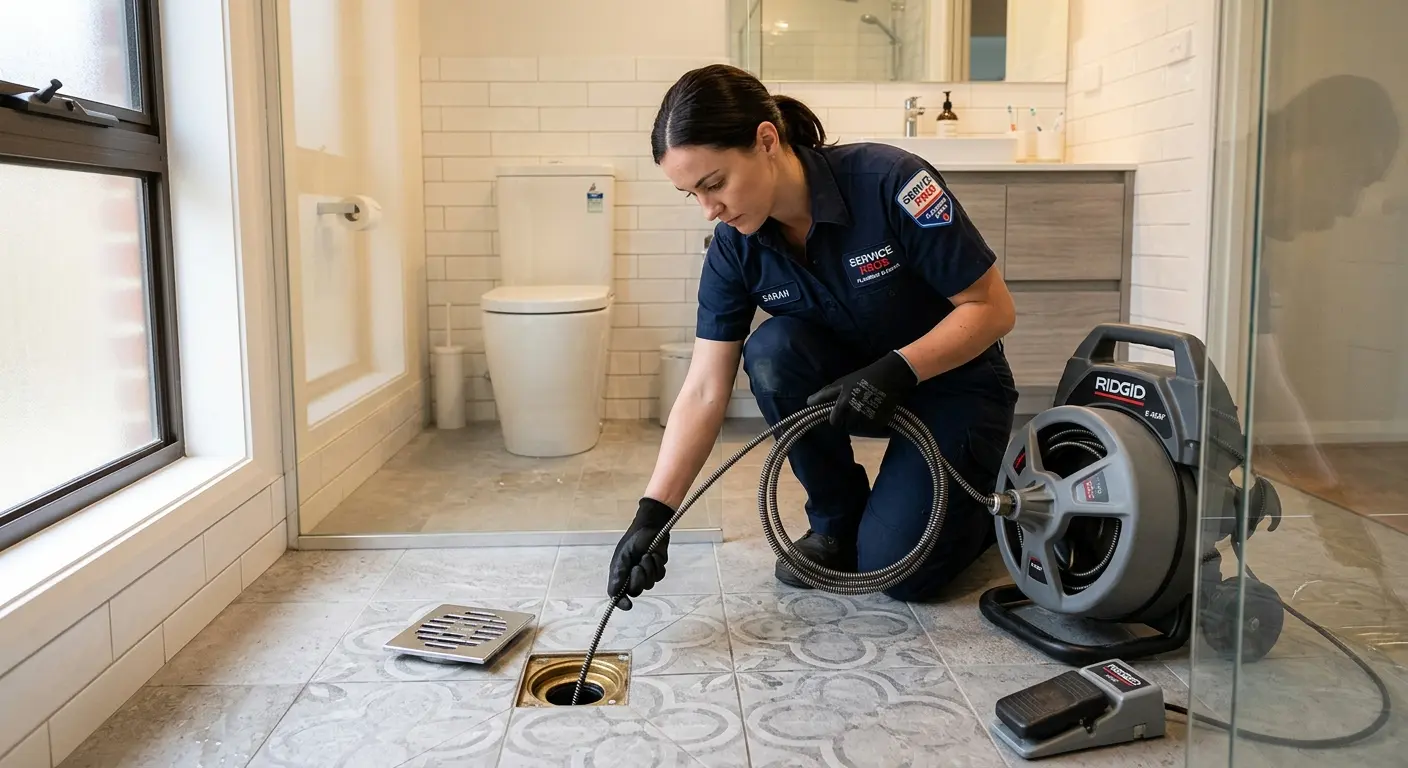 Technician clearing a bathroom floor drain for Clogged Drain Repair in Muscoy